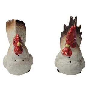 Vintage Lefton Rooster and Hen Chicken Figurines Hand Painted black & white
